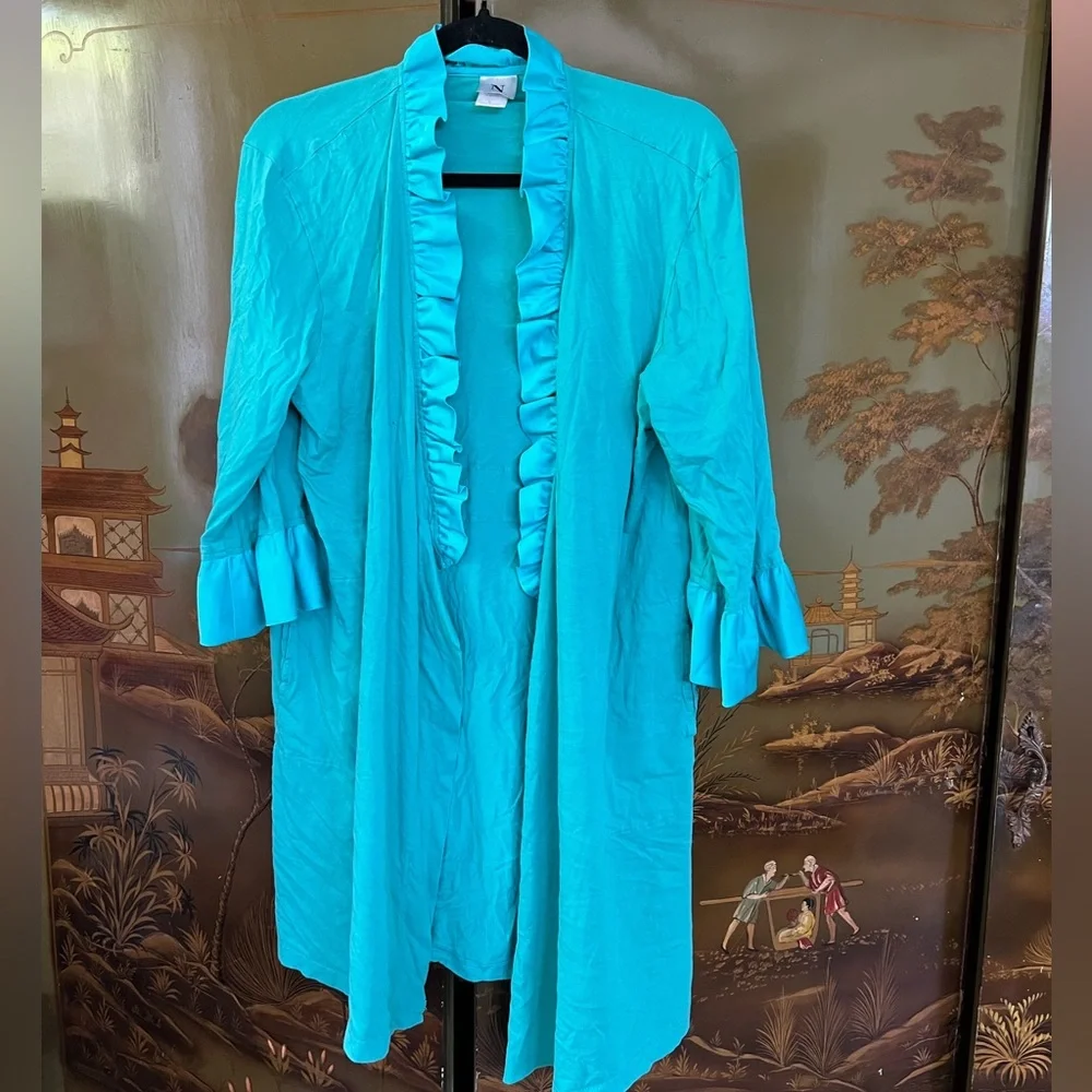 Silky Ruffle Trim Robe/Cardigan – Bright Turquoise, Size Large - Picture 1 of 3